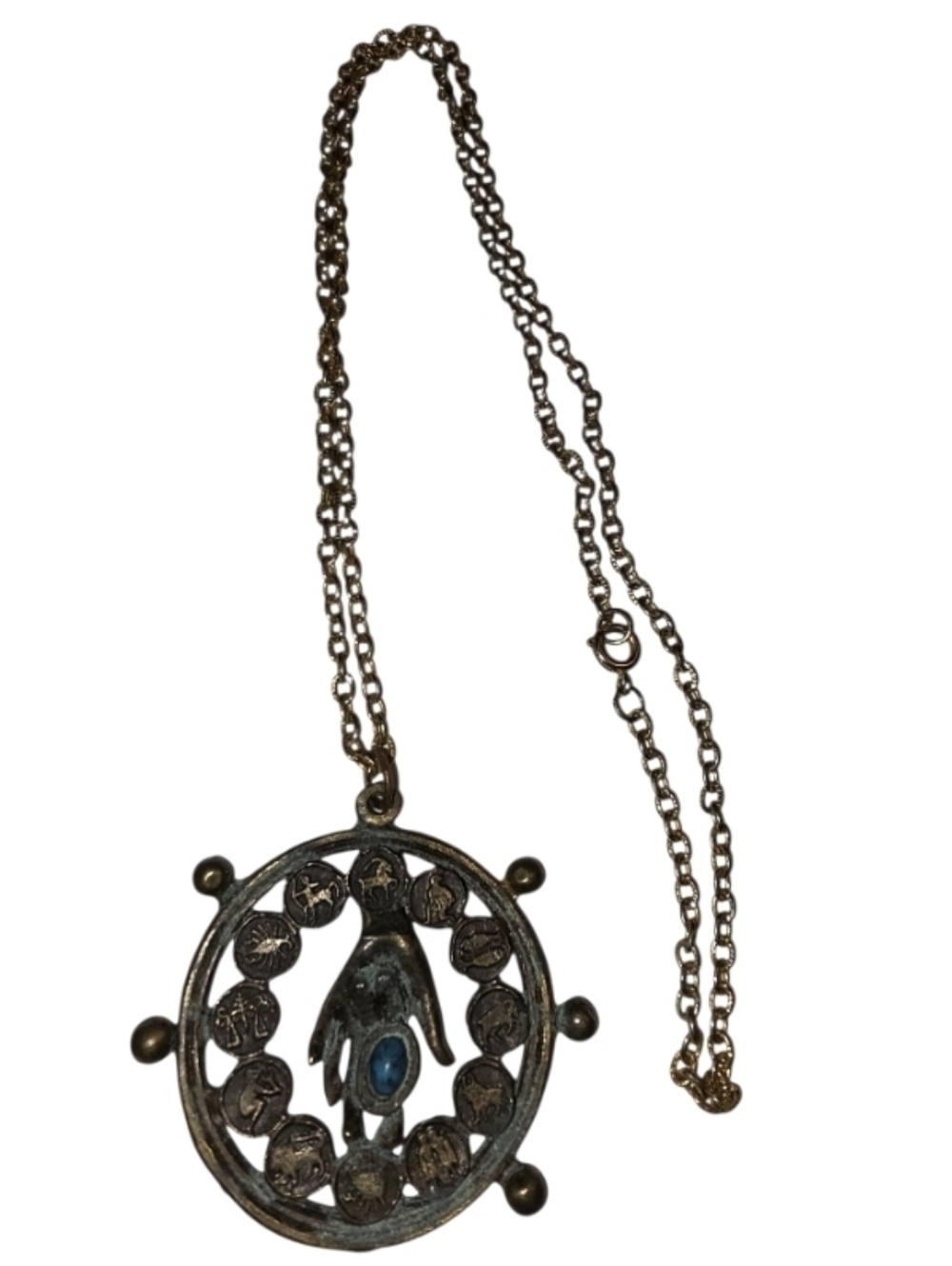 Vintage Zodiac Pendant Necklace Astrology Medallion Blue Stone Boho Statement